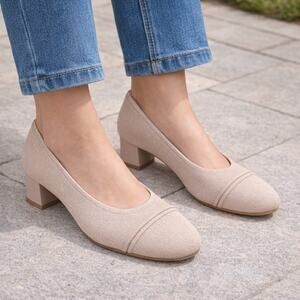 Vivaia Julie Pro Round Toe Heels Almond-Toe Chunky Heels Beige NEW
